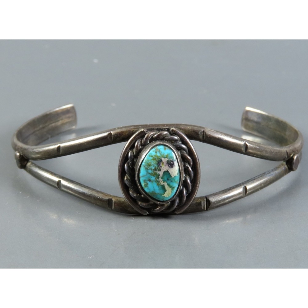 NAVAJO Sterling Silver SMALL CUFF BRACELET Blue Turquoise Oval SPLIT WIRE Childs